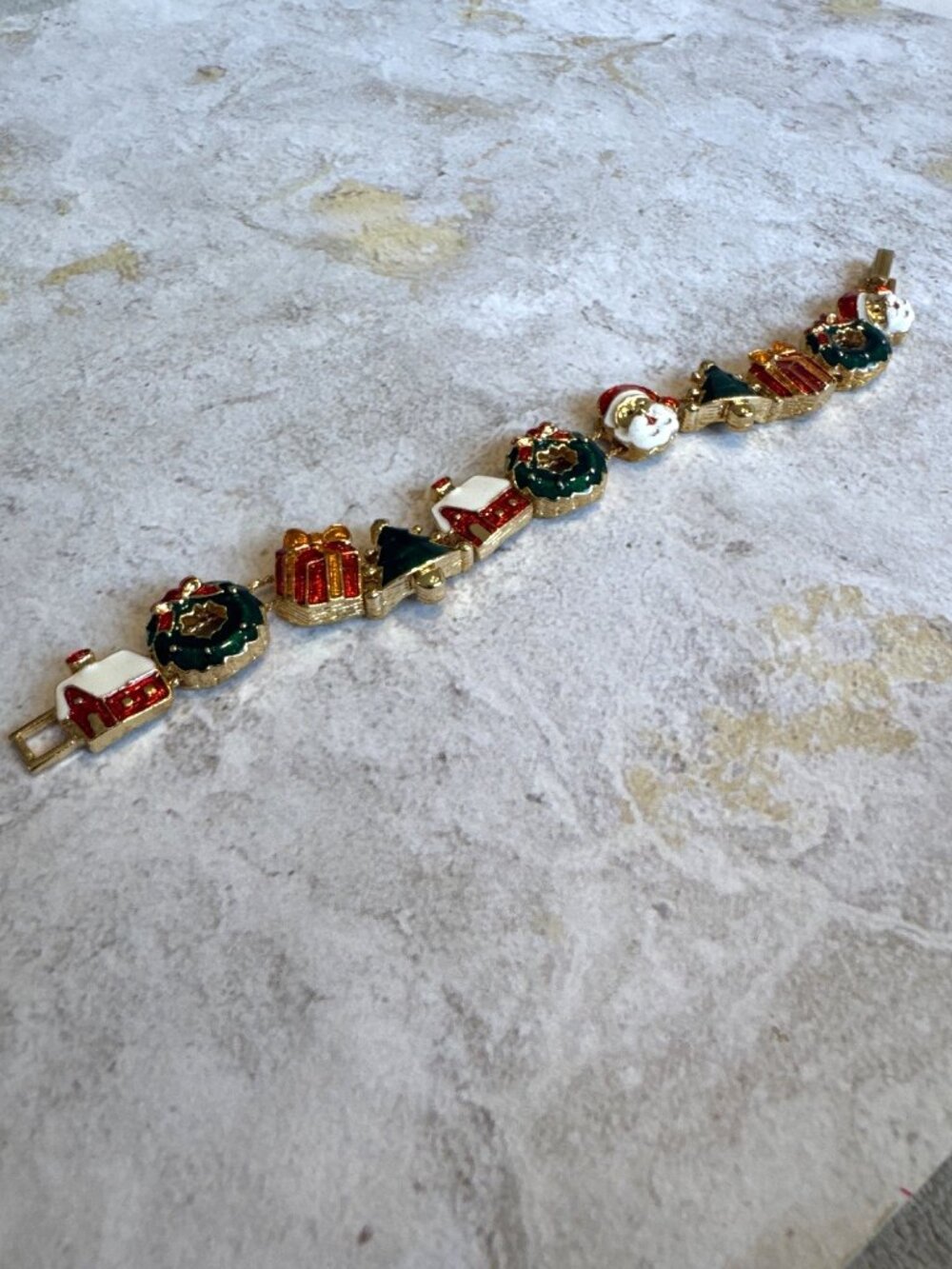 Avon Christmas Slide Bracelet Small 7" Santa Tree Wreath Cottage